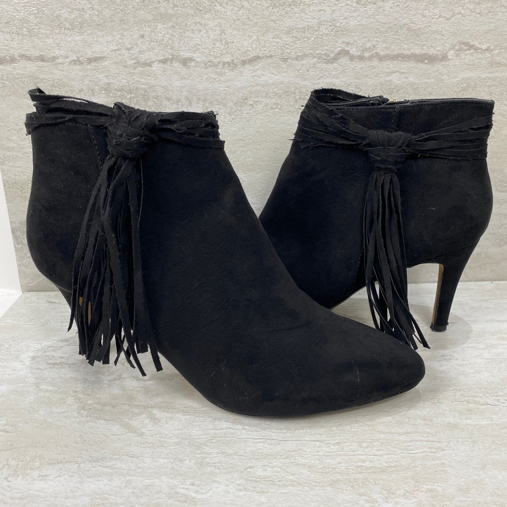 Thalia Sofia Black Suede Womens Ankle Boots with Tassel Detail Stiletto‎ Heel
